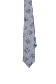 LIGHT BLUE, BROWN & WHITE FLORAL CLASSIC PATTERN VINTAGE SILK & LINEN HAND MADE TIE