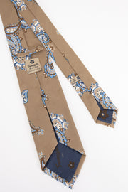 cravatta beige con rivestimento interno blu e disegni vintage stampati-beige tie with vintage design and blue inner lining 
