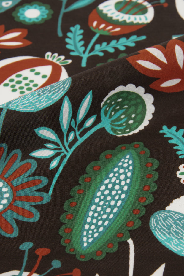 Fazzoletto marrone in seta-cotone con stampa di piante 
