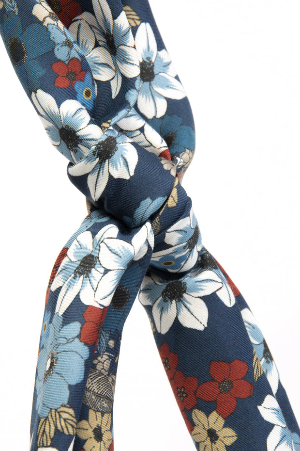 Bandana foulard blu in seta-cotone con design floreale