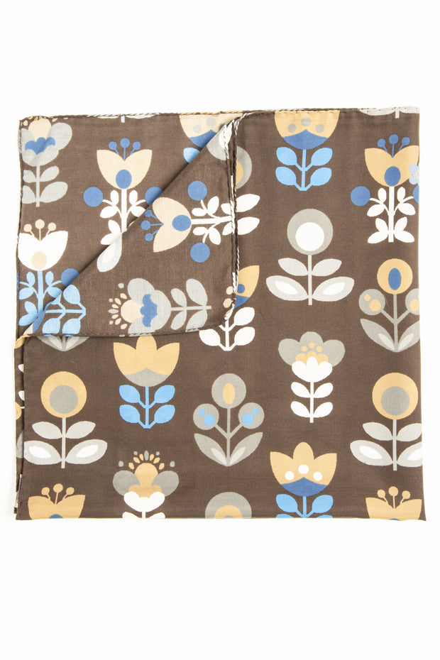 Bandana foulard marrone in seta cotone con tulipani stampati