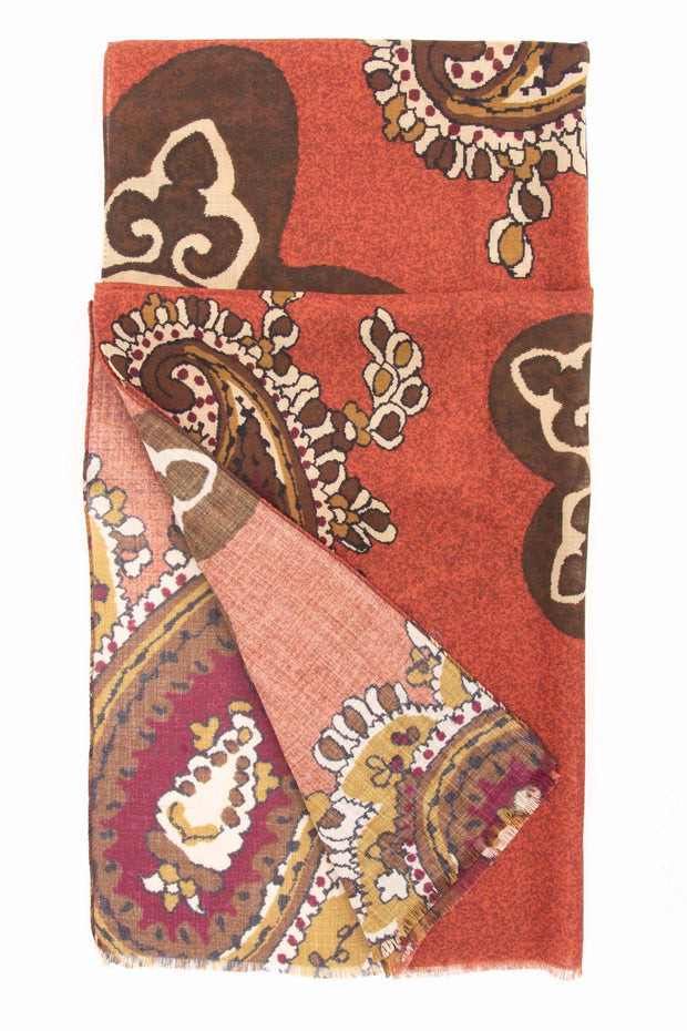 brown paisley design printed on a red made in italy scarf