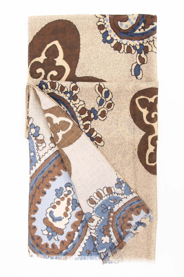 light brown scarf with some paisley design on it