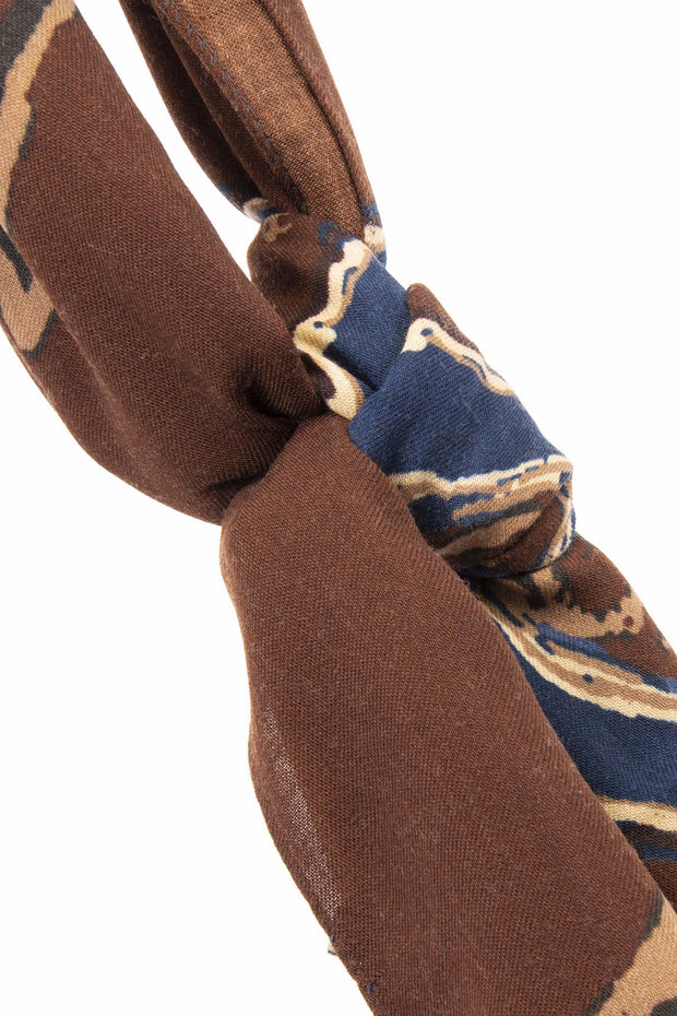 brown wool scarf with blue and light brown details