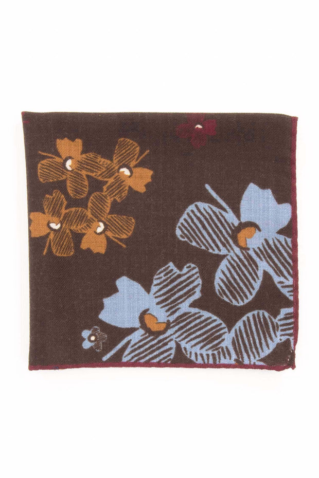 Brown Pure Italian Wool Jasmine Flower Pocket Square-Fumagalli 1891