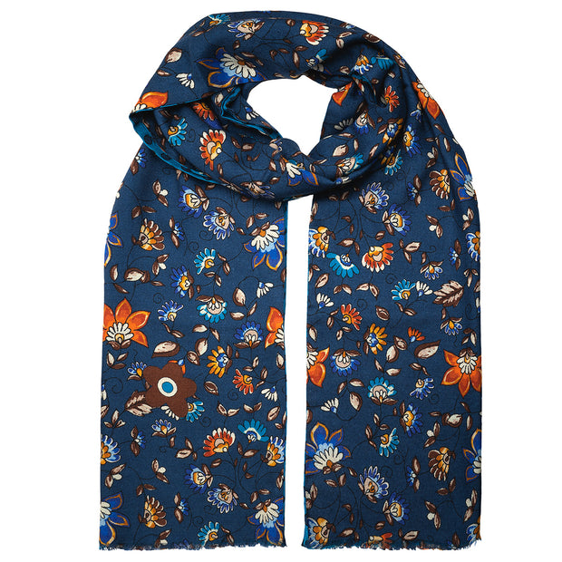 Double face scarf with flowers and polka dots in cashmere-silk
