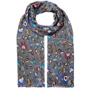 Double face scarf with flowers and polka dots, grey and violet in cashmere-silk