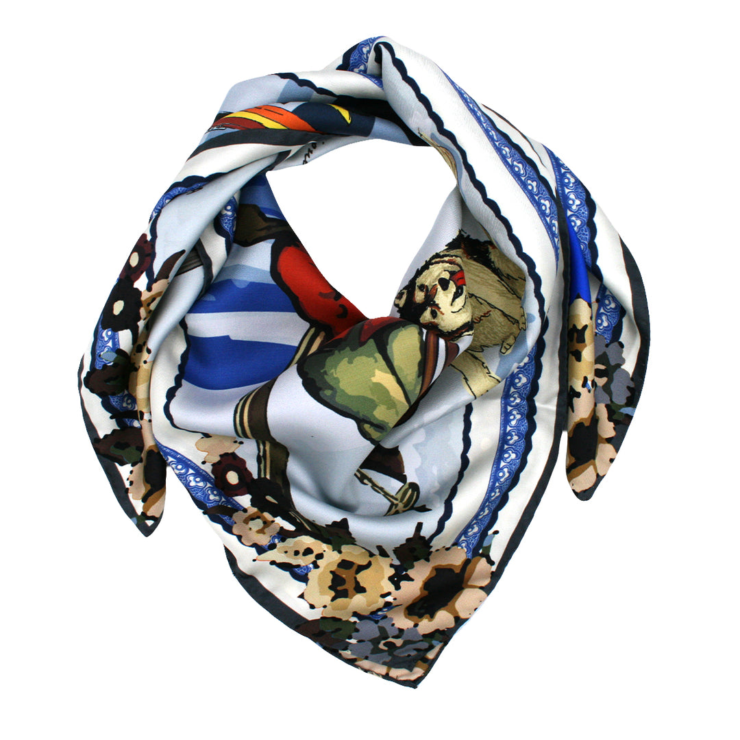 Foulard Ski En Soie Vintage - 75x77 Cm - Bleu - Style Bandana - Occasion - Superbe État