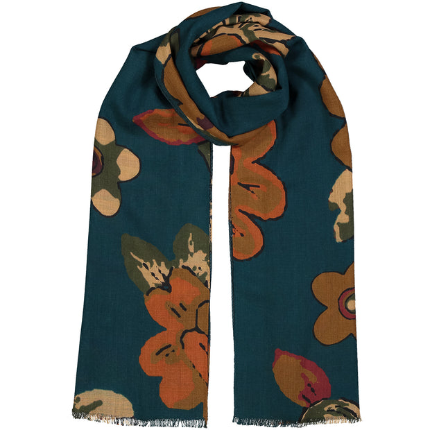 Blue pure wool scarf with big flowers