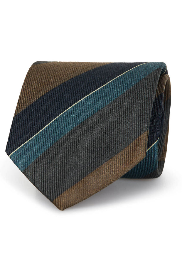 Regimental silk printed tie with green and brown striped pattern