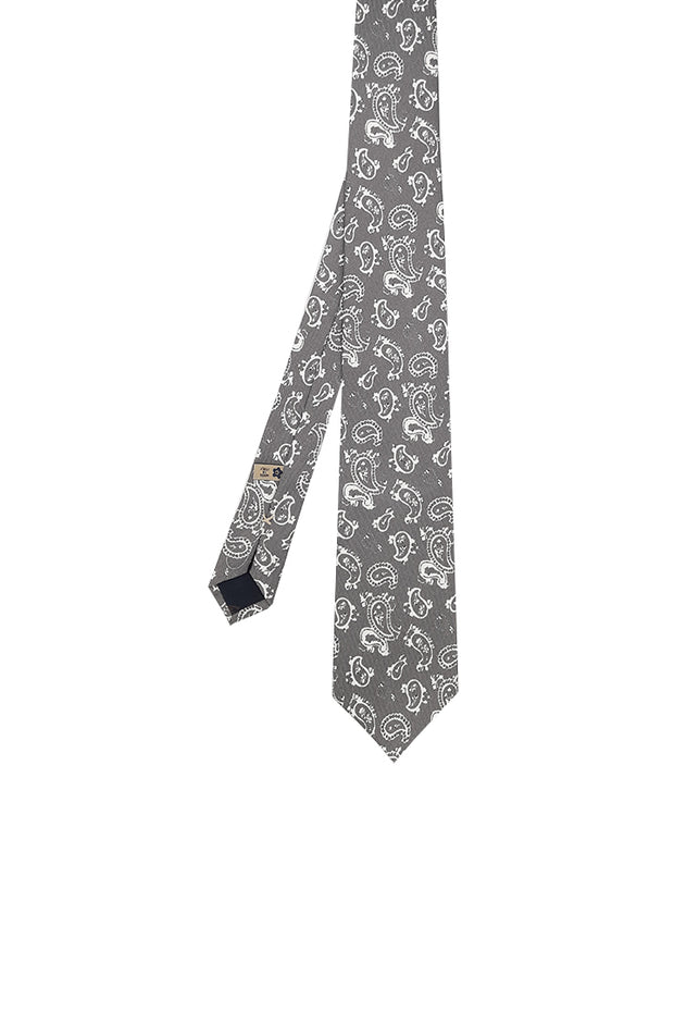 Cravatta stampata grigia in pura seta con paisley vintage bianco - Fumagalli 1891