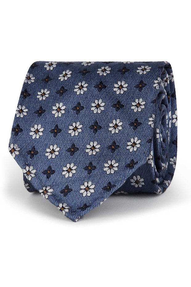 Unlined blue jacquard tie with classic floral embroidery