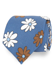 Cravatta in seta stampata con fondo azzurro scuro e macro fiori bianchi e marroni - Fumagalli il 1891