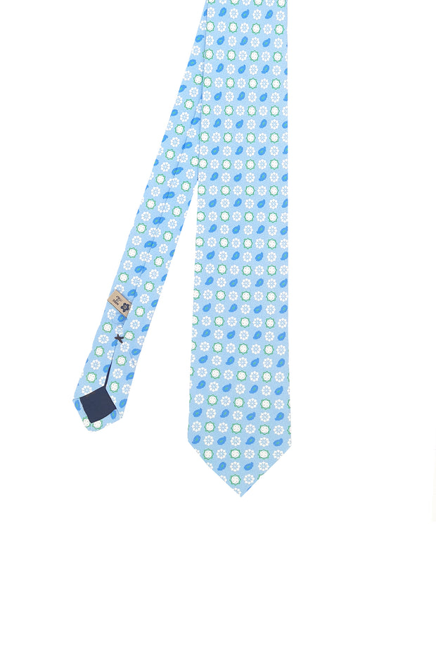 Light blue little classic paisley & diamonds pattern printed silk tie - Fumagalli 1891