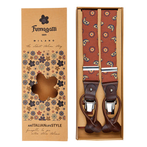 Luxury orange paisley pattern silk and leather braces