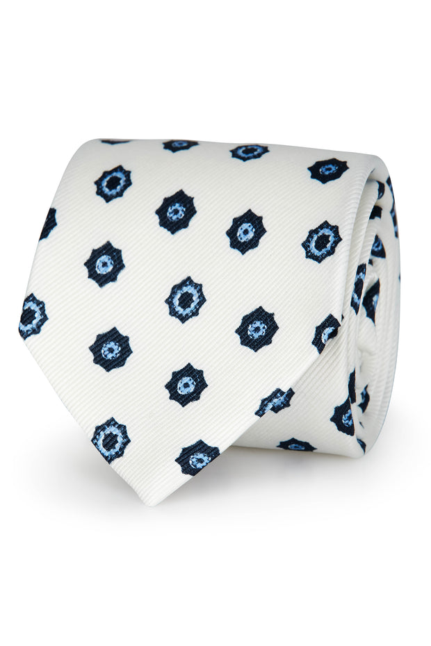 White and blue tie medallion print