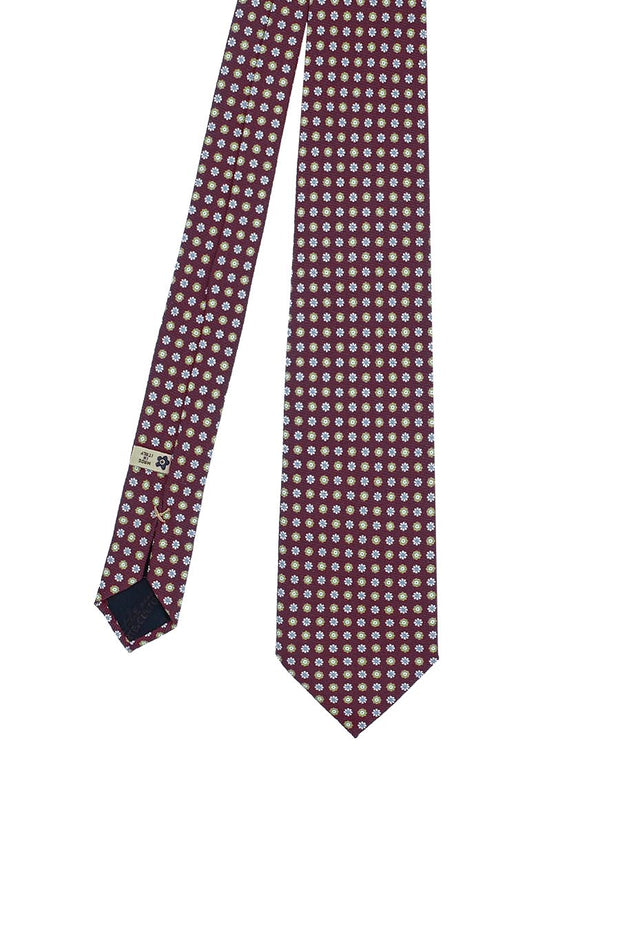 Burgundy little floral patterned printed silk twill handmade tie