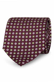 Burgundy little floral patterned printed silk twill handmade tie