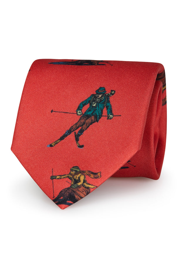 red tie with vintage skiers print