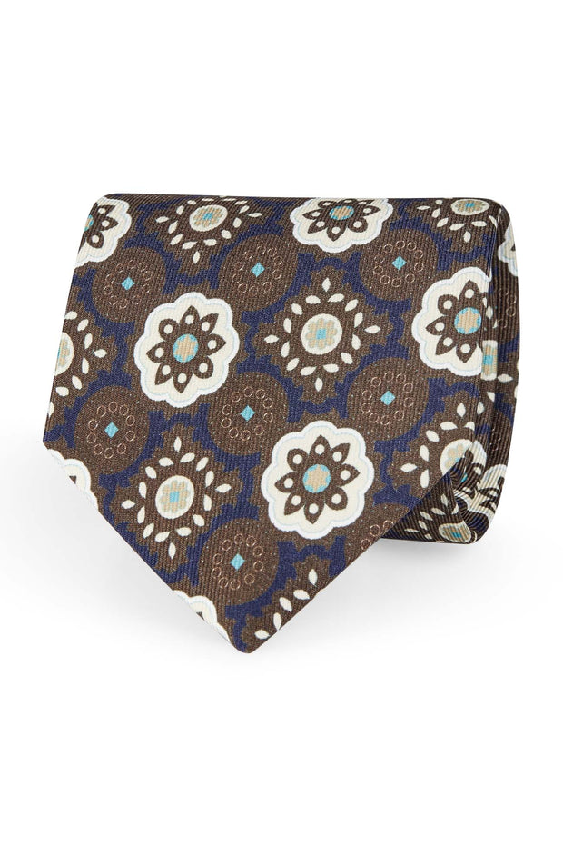 TOKYO - Cravatta in seta stampata con motivo a diamante blue, marrone e beige 