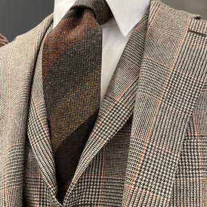 Brown, dark yellow, grey & orange striped donegal hand made tie
