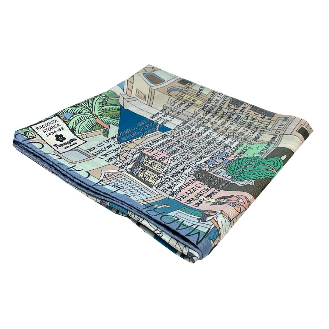 Foulard En Soie Vintage DaVinci 90x90 Cm - Marron Et Bleu - Occasion Très Bon état