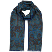 Vintage blue and brown pure wool scarf with paisley print