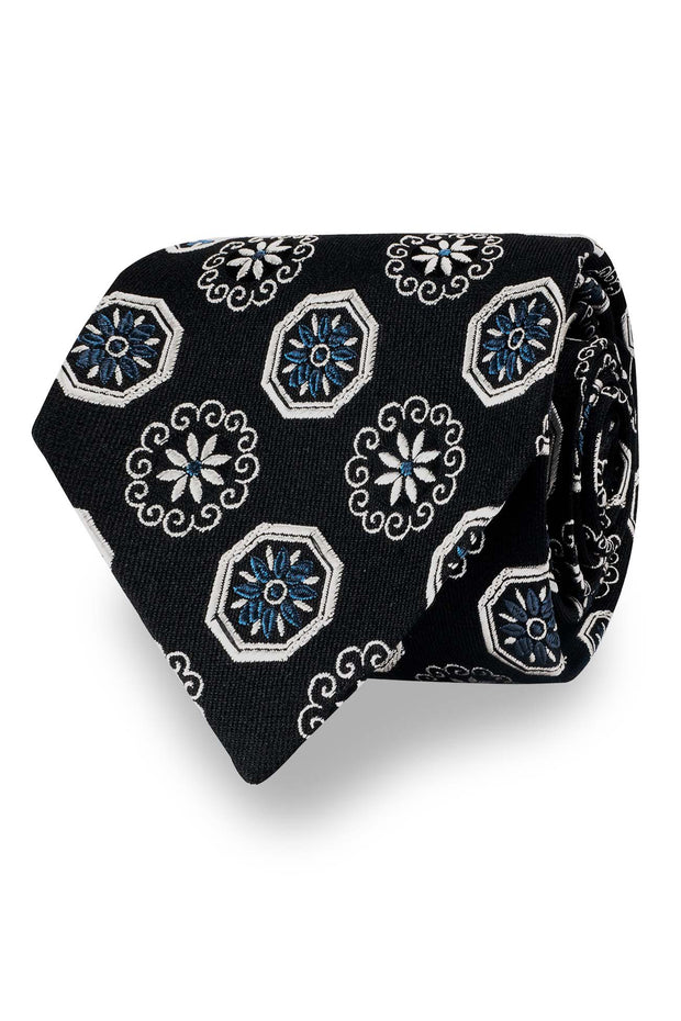 Cravatta nera con pattern jacquard di diamanti e fiori - Fumagalli 1891