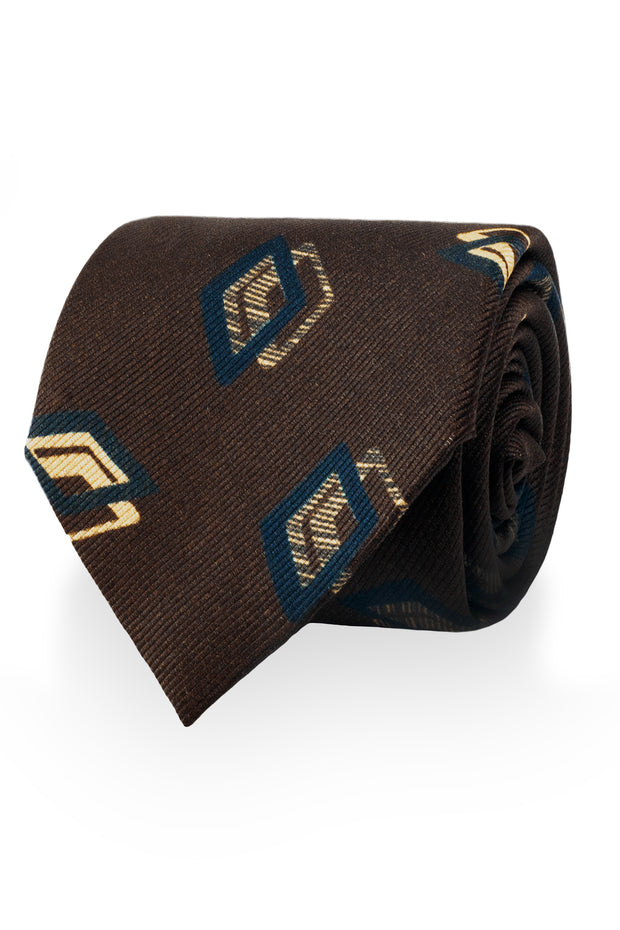 Pure silk vintage tie with print and brown background