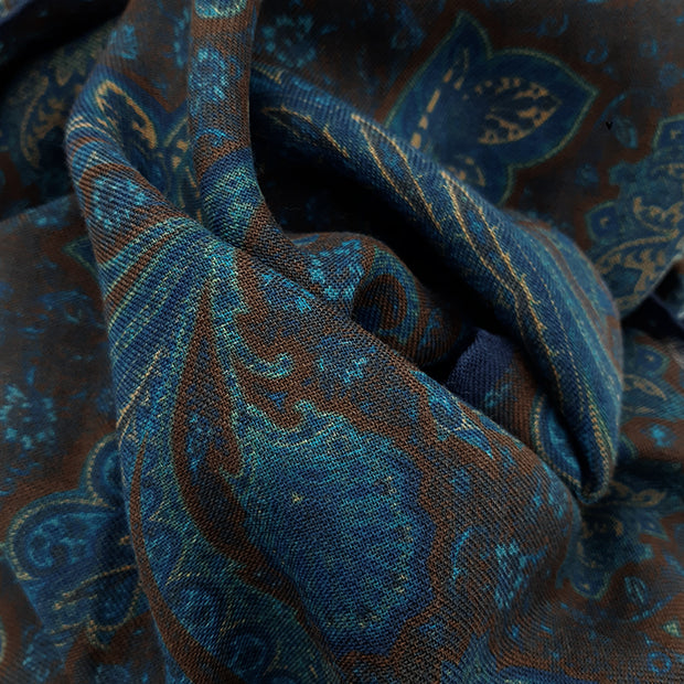 Sciarpa vintage blu e marrone con cachemire super soft-MADRID-Fumagalli 1891
