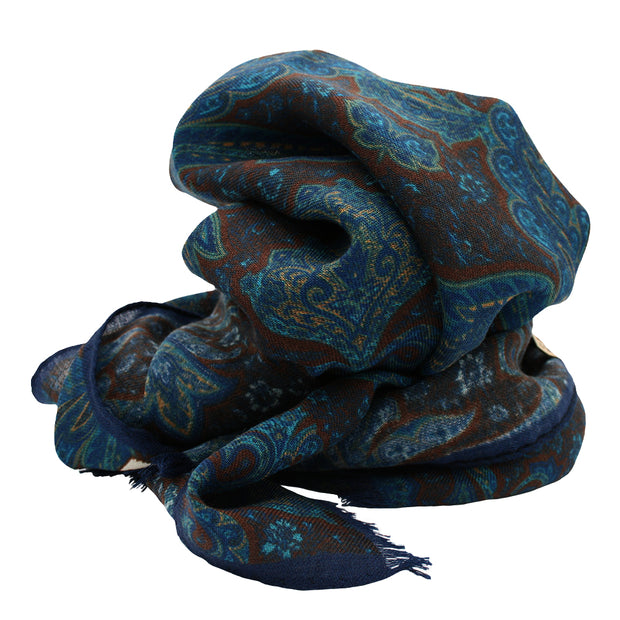 Sciarpa vintage blu e marrone con cachemire super soft-MADRID-Fumagalli 1891