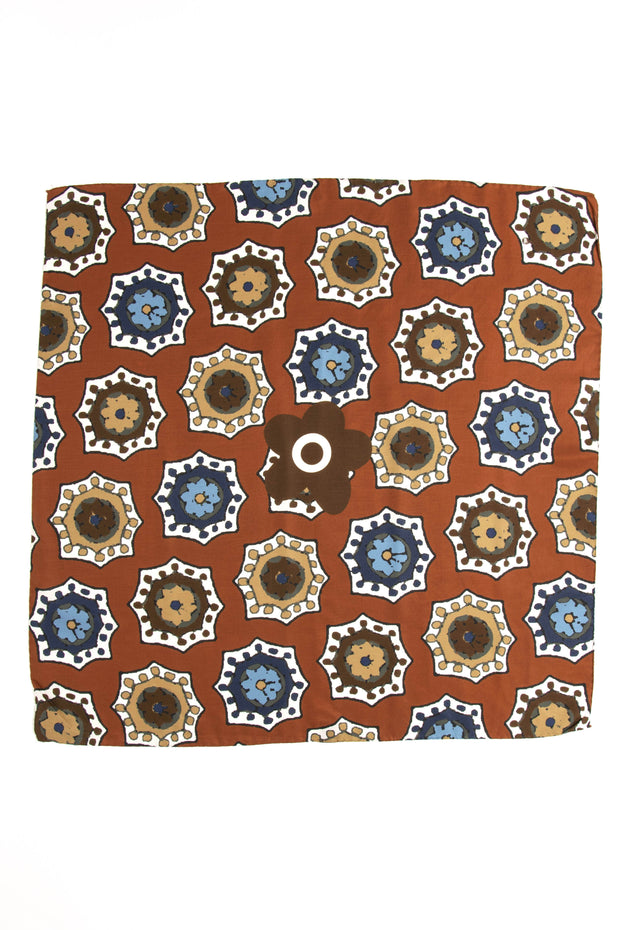 Bandana foulard arancione in soffice seta e cotone con stampa di medaglioni - Fumagalli 1891