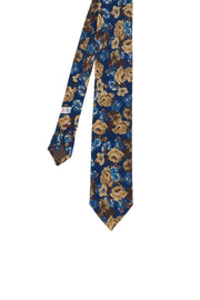 Cravatta stampata in lana 7 cm macro floreale blu e marrone - Fumagalli 1891