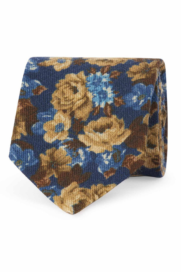 Cravatta stampata in lana 7 cm macro floreale blu e marrone - Fumagalli 1891