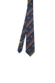Cravatta jacquard blu con ricamo di uccelli in volo e motivo regimental marrone - Fumagalli 1891