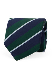 Cravatta fatta a mano in seta a strisce asimmetriche verdi, bianche e blu - Fumagalli 1891