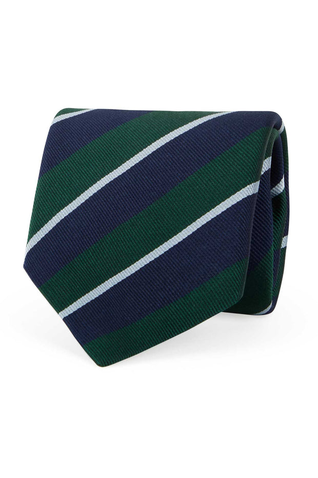 Cravatta fatta a mano in seta a strisce asimmetriche verdi, bianche e blu - Fumagalli 1891