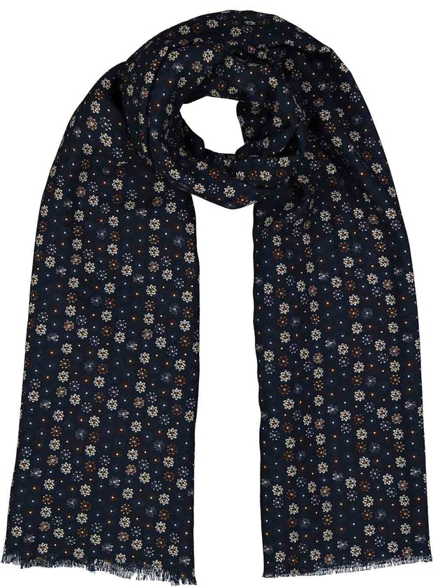 Fringed wool blue floral printed scarf