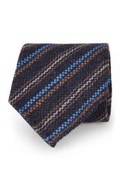 Brown & light blue asimmetrical striped cashmere hand made unlined tie