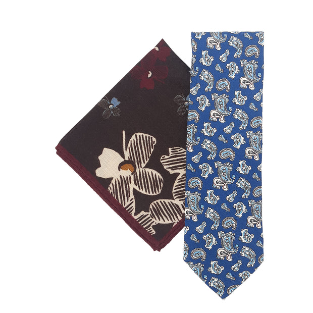 blue paisley tie and brown pocket square