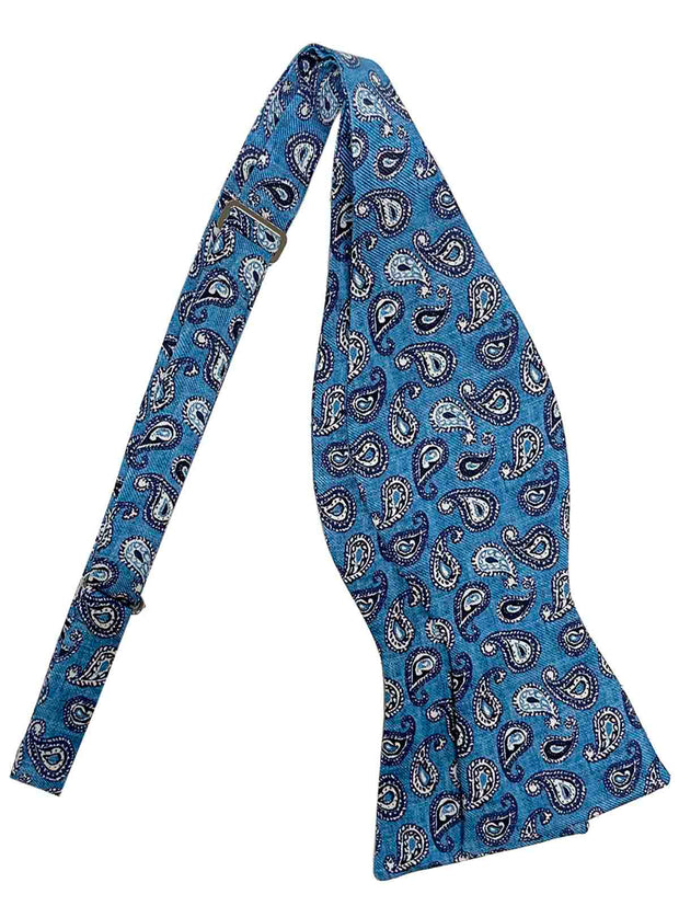 Blue paisley printed self-tie bow tie
