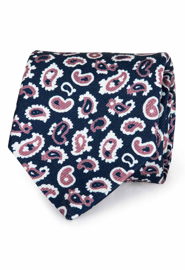 Blue,pink & white paisley printed silk hand made tie