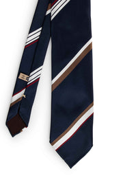 Dark blue, white red and brown asymmetric striped jacquard hand made unlined tie
