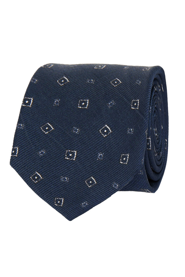 Cravatta blu e bianca stampata in seta con motivo vintage - Fumagalli 1891