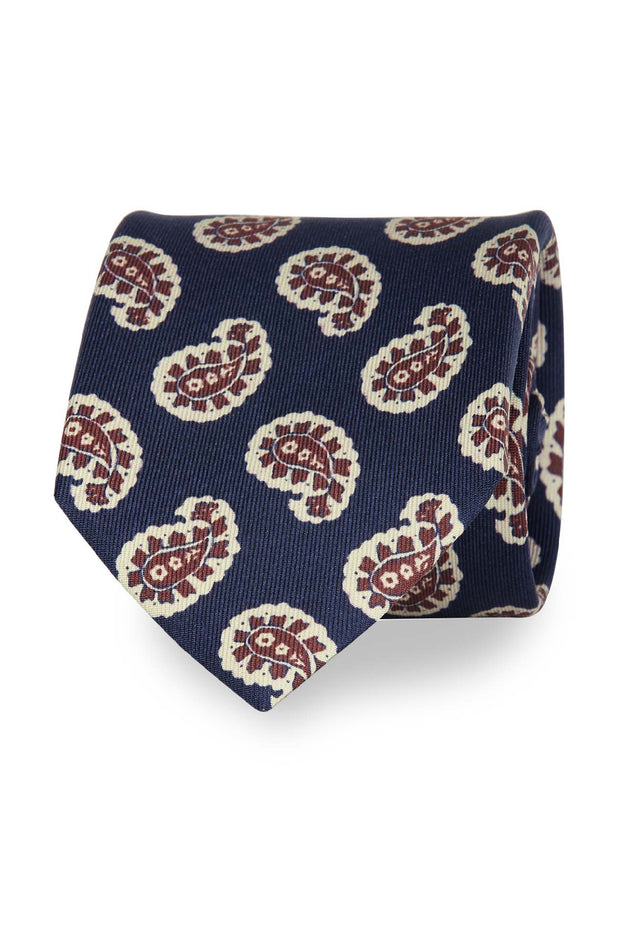 Cravatta di seta stampata blu notte con macro paisley beige e rossi- Fumagalli 1891