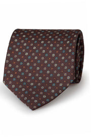 BROWN MINI-FLORAL PATTERNED PRINTED SILK HAND MADE TIE