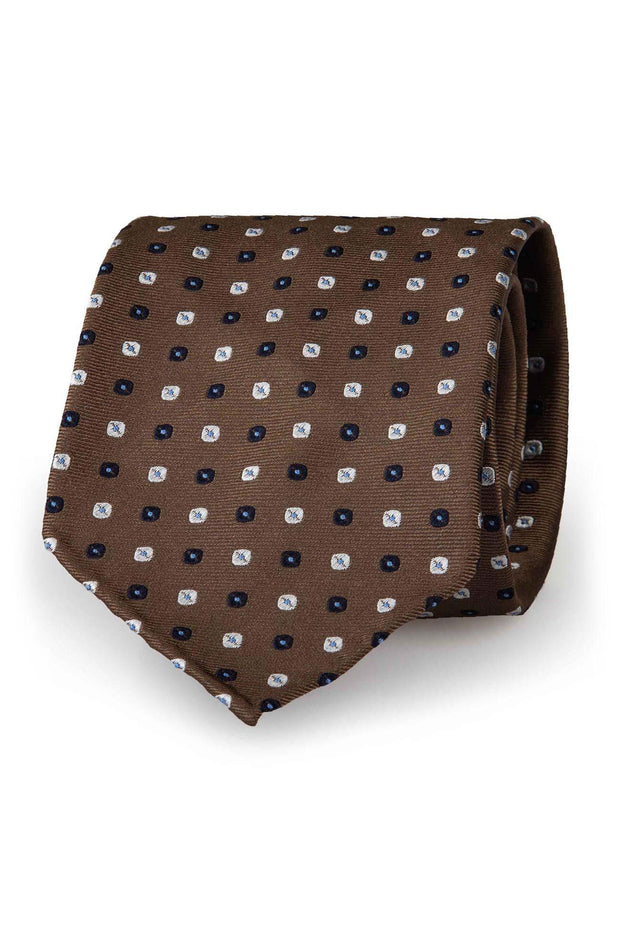 Brown, black & white little diamonds unlined hand made tie - Fumagalli 1891