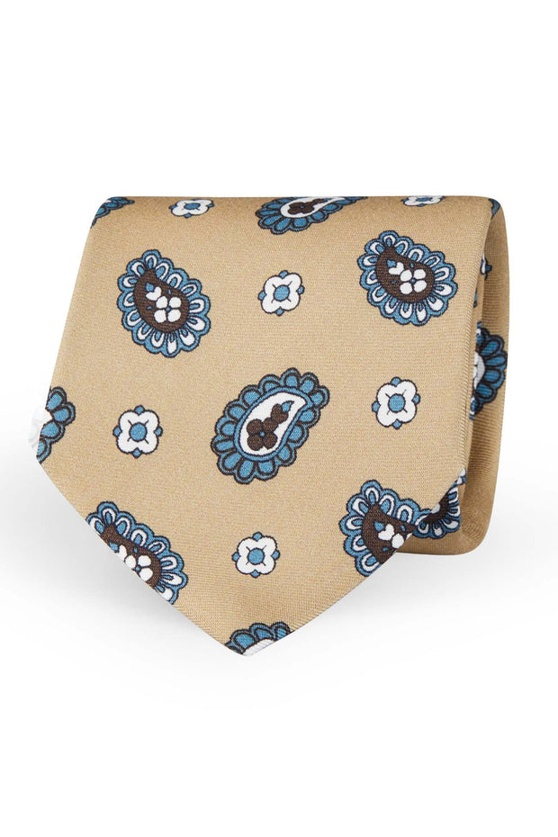 TOKYO - Beige paisley and floral printed silk tie