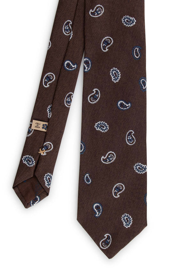 vision of the front of the tie with paisley details that stand out of the brown background