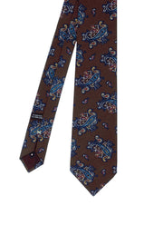 Cravatta stampata blu e marrone in seta con macro paisley - Fumagalli 1891